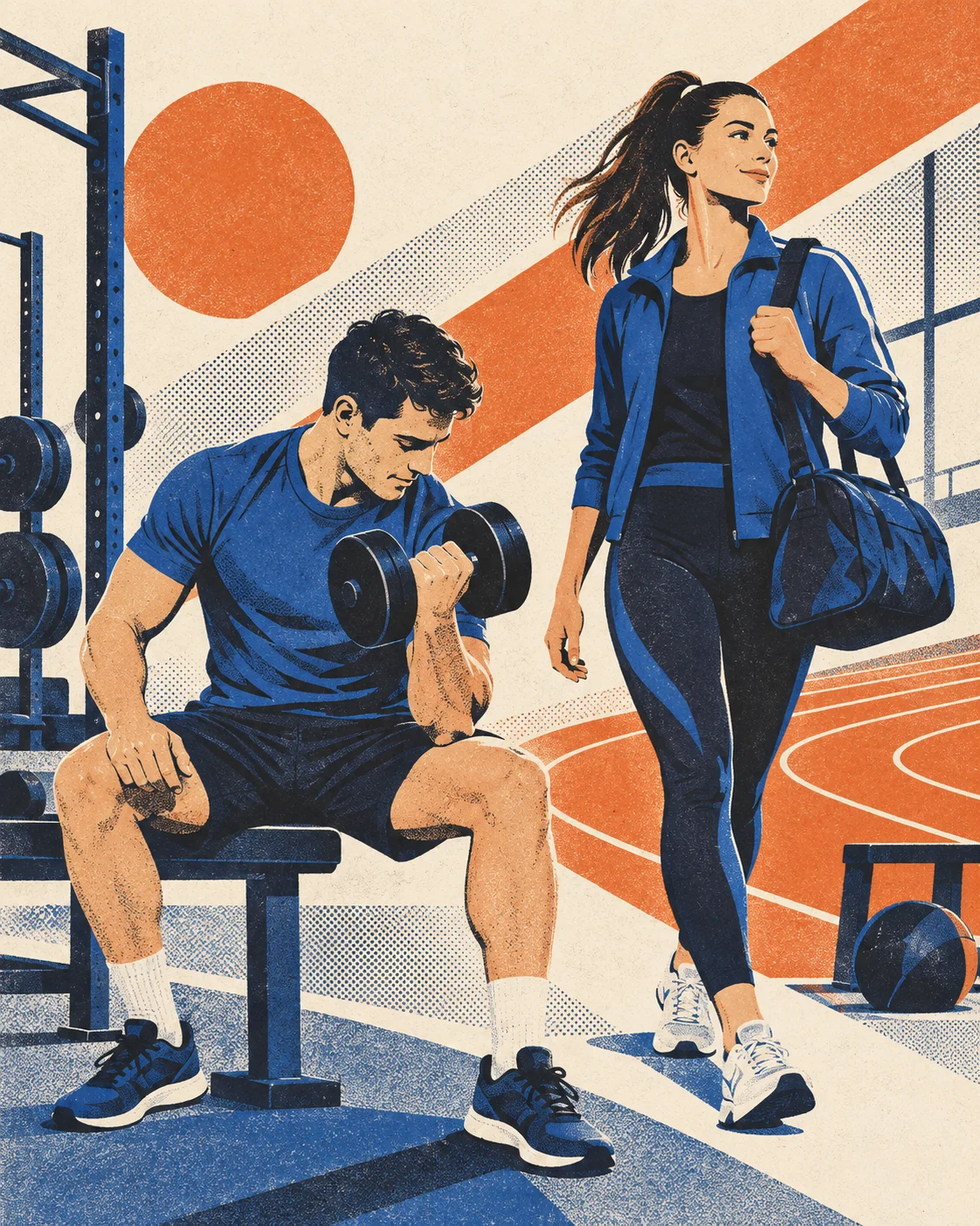 Sportska ilustracija rekreativaca sa bučicom i torbom za trening, u plavim i narandžastim tonovima.